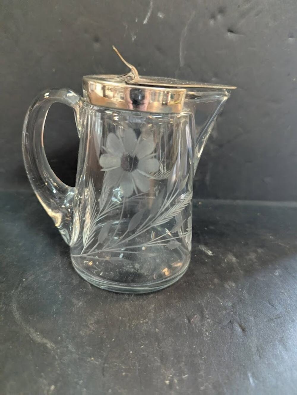 Vintage 4.5" FLORAL CUT GLASS SYRUP PITCHER CREAMER BY HEISEY